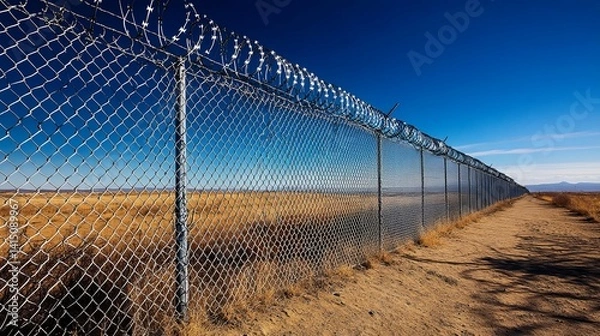 Fototapeta Barbed wire fence stretches across a dry, desolate landscape.