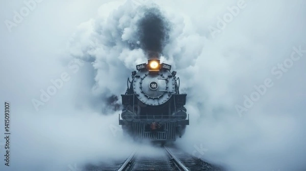 Fototapeta A classic steam locomotive emerges from swirling fog during early morning hours, its bright headlight cutting through the mist as it travels along the tracks