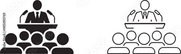 Fototapeta  Vector icons showing a speaker at a podium with an audience, representing public speaking, communication, and conference settings. Ideal for business, education, and corporate presentations.