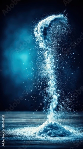 Fototapeta Dramatic blue-toned image of a swirling, erupting powder or liquid, resembling a miniature vortex or geyser against a dark backdrop