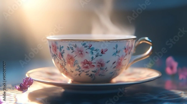 Fototapeta Elegant Floral Tea Cup Steaming on Saucer with Soft Lighting Effect
