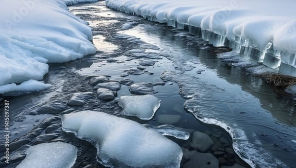 Fototapeta Icy stream with snow-covered banks. Ice formations and rocks peek through the water, creating a contrast between cold and natural elements.