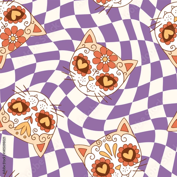 Fototapeta Seamless vector pattern with cute cat skulls and vintage flowers. Hand drawn floral calavera background. Spooky Halloween skull drawing.  EPS 10 vector file. Perfect for textile or print design.