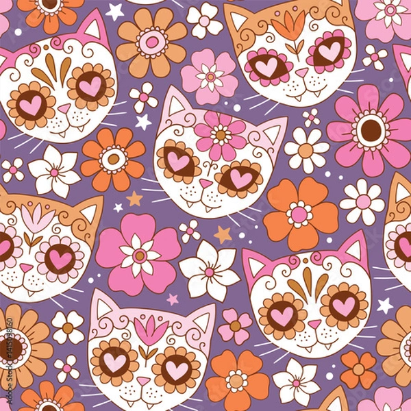 Fototapeta Seamless vector pattern with cute cat skulls and vintage flowers. Hand drawn floral calavera background. Spooky Halloween skull drawing.  EPS 10 vector file. Perfect for textile or print design.