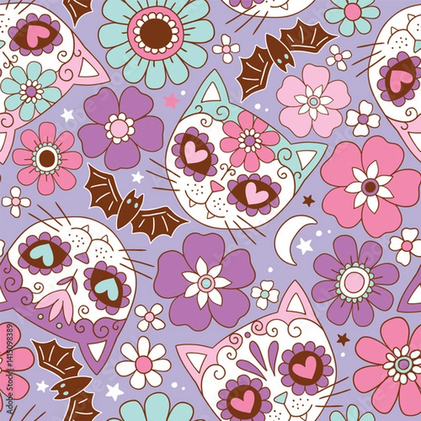 Fototapeta Seamless vector pattern with cute cat skulls and vintage flowers. Hand drawn floral calavera background. Spooky Halloween skull drawing.  EPS 10 vector file. Perfect for textile or print design.
