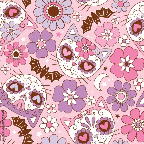 Fototapeta Seamless vector pattern with cute cat skulls and vintage flowers. Hand drawn floral calavera background. Spooky Halloween skull drawing.  EPS 10 vector file. Perfect for textile or print design.