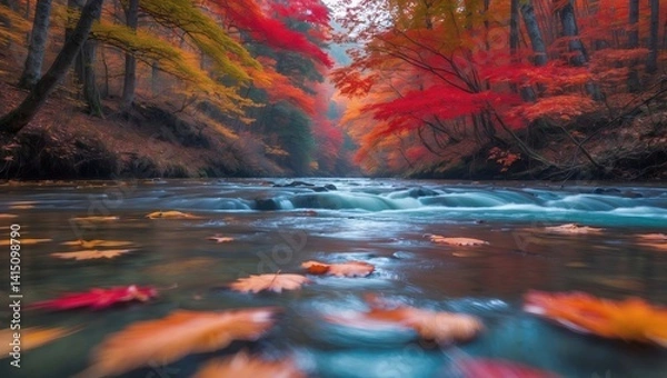 Fototapeta Autumn river scene with vibrant foliage and falling leaves creating a picturesque landscape that embodies the essence of the season.