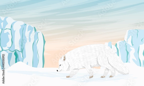 Fototapeta Arctic fox walks on snowy northern plain with high glaciers. Realistic vector landscape