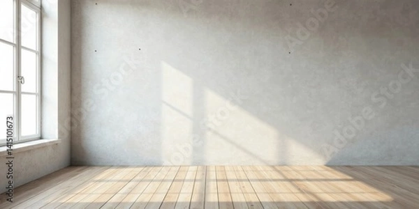 Fototapeta Empty Room Interior Design Showing Sunlight Streaming Through a Window onto Light Wood Floor and Neutral Wall