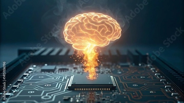 Fototapeta A glowing orange human brain emerges from a computer processor on a detailed circuit board, symbolizing artificial intelligence and technological advancement