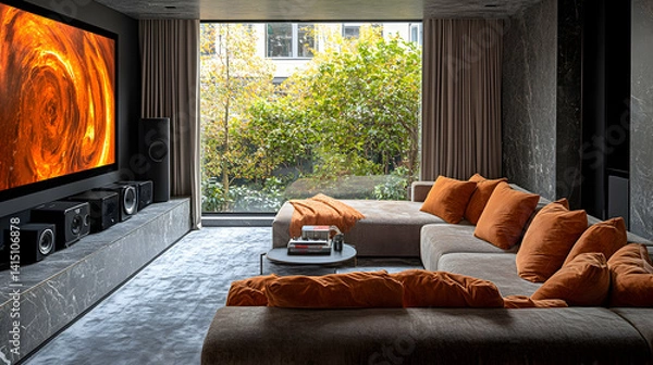 Fototapeta Modern home theater with large windows