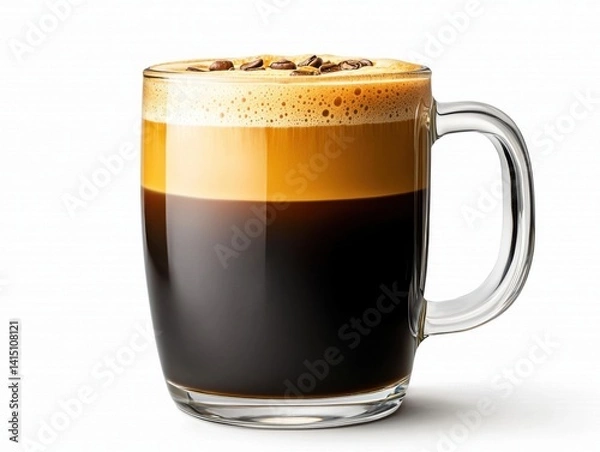 Fototapeta A meticulously crafted golden latte art adorns the top of a rich espresso layered in a tall clear glass showcasing the perfect balance of coffee and milk.