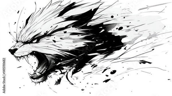 Fototapeta Fierce, stylized wolf portrait in black and white, showcasing a roaring expression.  Dynamic, abstract style