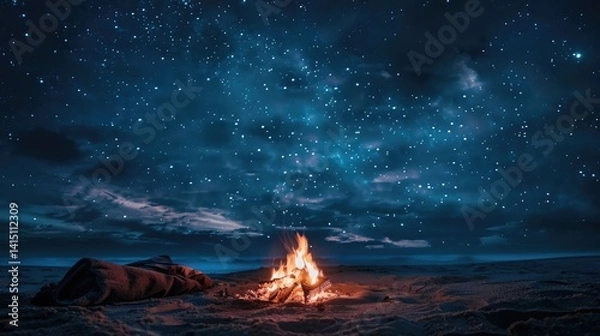 Fototapeta A serene beach campfire under a starlit sky, with a cozy blanket laid out, creating a peaceful atmosphere