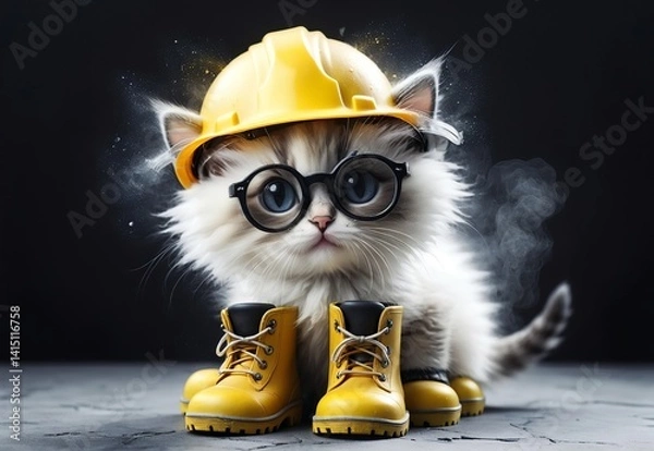 Obraz Kitten in a construction helmet looks adorable and very funny