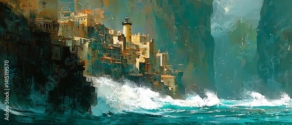 Fototapeta Seaside town with a lighthouse painting, where the ocean hits the rocks