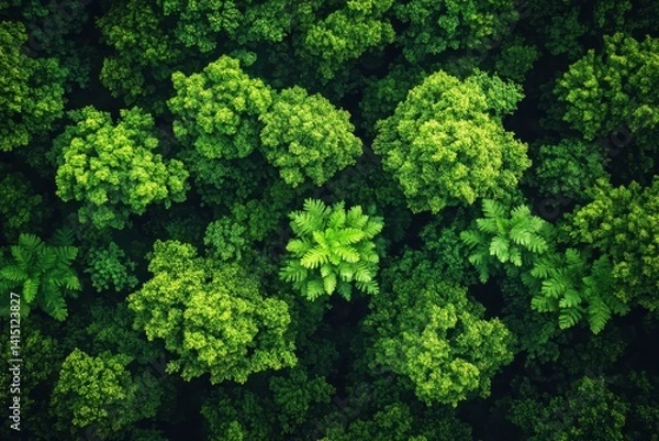 Fototapeta Green canopy of lush trees seen from above showcasing vibrant foliage in a densely forested area