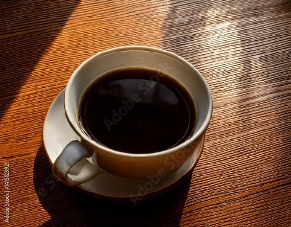 Fototapeta Steaming cup of black coffee on a rustic wooden table, soft morning light through a window, cinematic shadows.