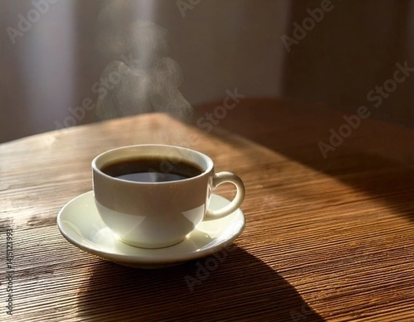Fototapeta Steaming cup of black coffee on a rustic wooden table, soft morning light through a window, cinematic shadows.