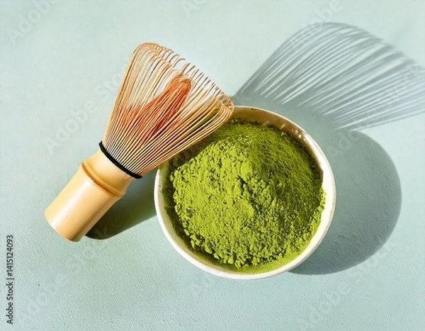 Fototapeta Bowl of matcha powder on light background with bamboo whisk and soft shadows.