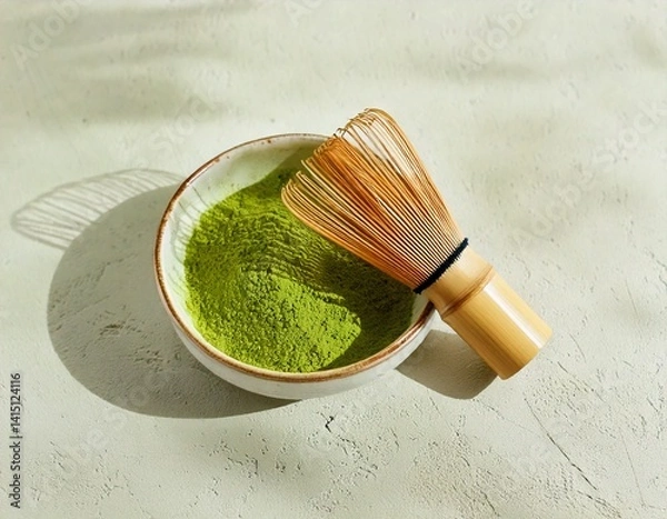 Fototapeta Bowl of matcha powder on light background with bamboo whisk and soft shadows.