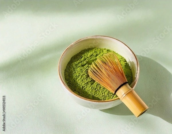 Fototapeta Bowl of matcha powder on light background with bamboo whisk and soft shadows.