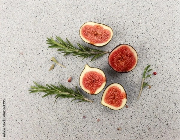 Fototapeta Flatlay of halved figs and rosemary sprigs on light stone background, high-end aesthetic.
