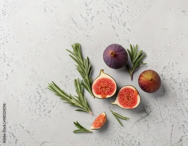 Fototapeta Flatlay of halved figs and rosemary sprigs on light stone background, high-end aesthetic.