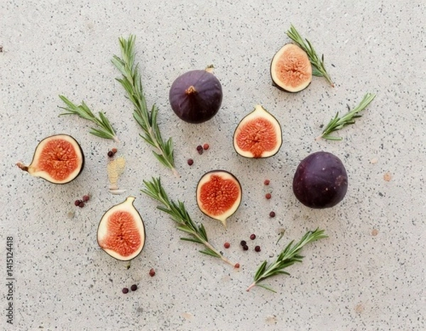Fototapeta Flatlay of halved figs and rosemary sprigs on light stone background, high-end aesthetic.