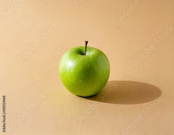 Fototapeta Single green apple centered on a matte beige background, minimalist studio light.