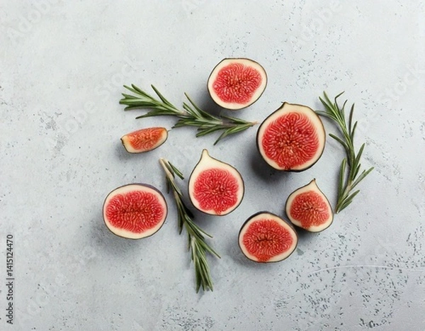 Fototapeta Flatlay of halved figs and rosemary sprigs on light stone background, high-end aesthetic.