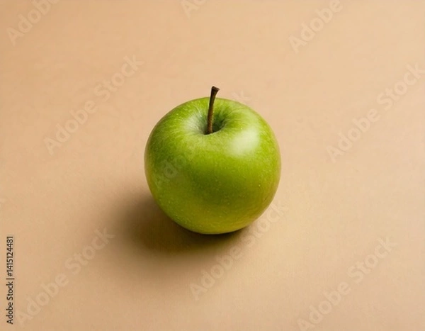 Fototapeta Single green apple centered on a matte beige background, minimalist studio light.
