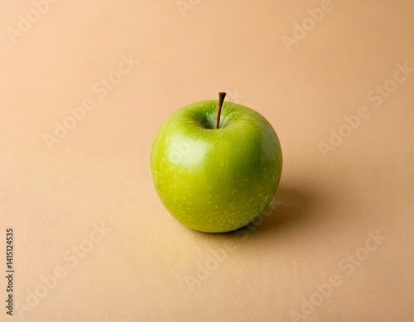 Fototapeta Single green apple centered on a matte beige background, minimalist studio light.