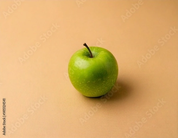 Fototapeta Single green apple centered on a matte beige background, minimalist studio light.
