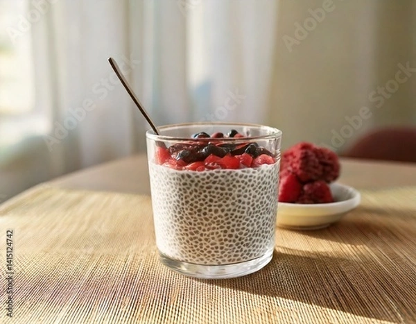Fototapeta Minimalist breakfast scene with chia pudding in a clear glass, side angle, soft morning light.