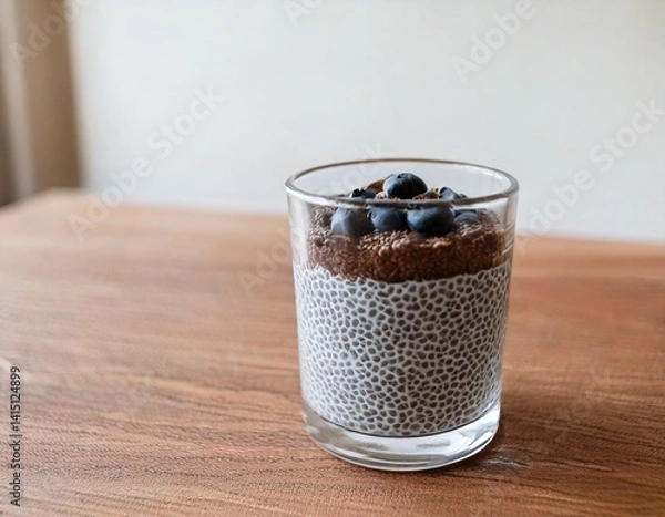 Obraz Minimalist breakfast scene with chia pudding in a clear glass, side angle, soft morning light.