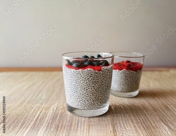 Fototapeta Minimalist breakfast scene with chia pudding in a clear glass, side angle, soft morning light.