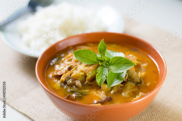 Fototapeta curry spicy with shrimp and fried egg vegetables - gaeng som