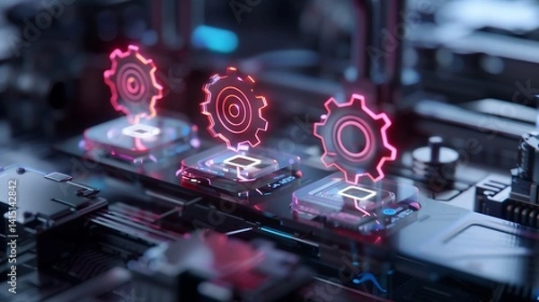 Fototapeta Futuristic automation network with holographic icons of gears, cloud systems, and AI nodes hovering above a digital workspace, symbolizing efficient team collaboration.