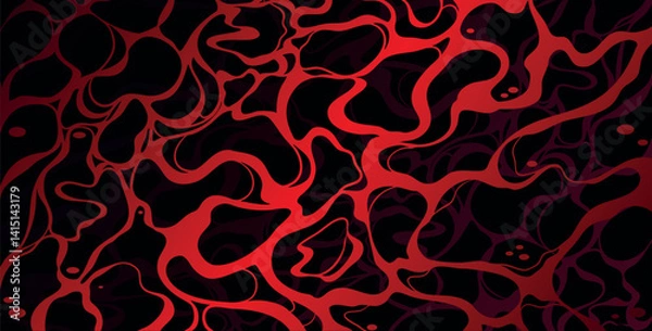 Fototapeta Abstract background with red cracks and curves on black. Vector illustration, of magma surface or volcano magma. dramatic background