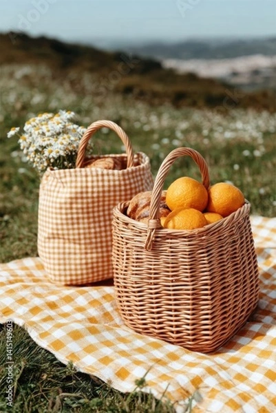 Obraz A spring picnic setup in a blooming meadow