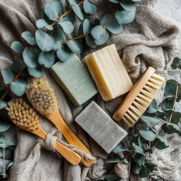 Obraz flat lay of wellness spa accessories, top view of handmade soap bars, eucalyptus branches