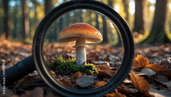 Fototapeta Examining Mushroom Through Magnifying Glass In Forest