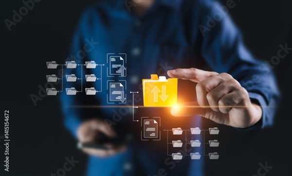 Fototapeta The concept of storing data files with digital technology systems, collecting software files, and various company data. A business related to renting storage space for customers on an annual basis.