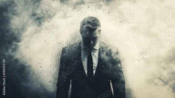 Fototapeta Burnout concept with a businessman fading into dust or particles, soft focus, open background for quote