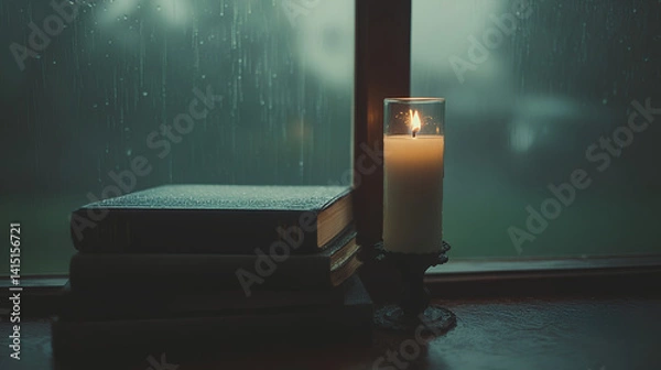 Fototapeta Books and a candle by a misty window, outside barely visible through the rain,