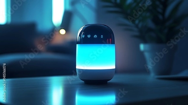 Fototapeta Illuminated smart speaker glows softly on a bedside table at night.