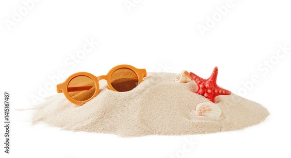 Fototapeta Beach sand with natural wave pattern, sunglasses, sea shells and stars on white isolated background with clipping path. Summer background. Tourism, vacation and holidays concept. Design Element.