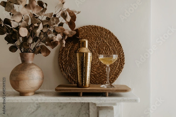 Obraz Elegant Home Bar Setup with Golden Shaker and Champagne Glass on Mantel
