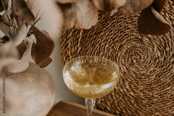 Obraz Elegant Champagne with Edible Gold in a Coupe Glass on a Rustic Tray with Natural Decor